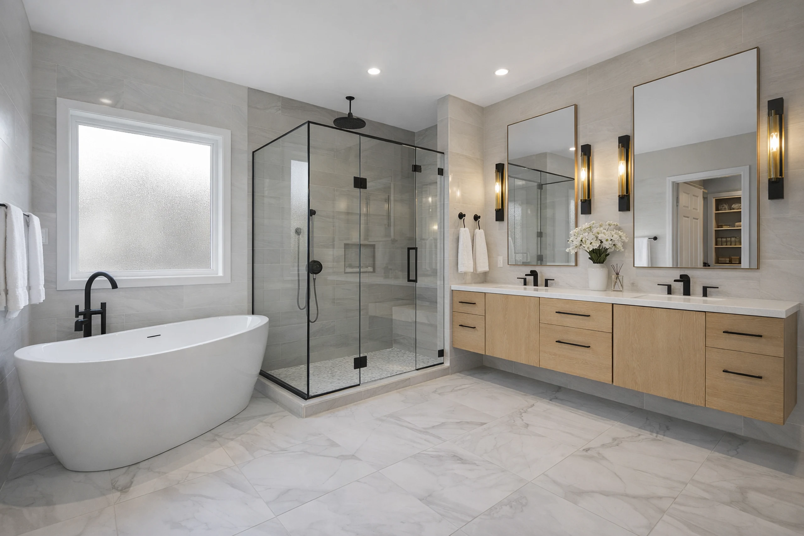 A light-filled bathroom with natural stone, a freestanding bath, and brass details.